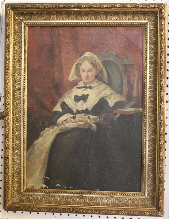 19th century English School Flemish woman seated in an armchair, 15.5 x 11in.